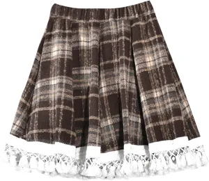 Women's Lace Trim Plaid Skirt Vintage Wool Blend Tiered Elastic Waist A-Line Skirts Casual Ruffle Swing Mini Skirts