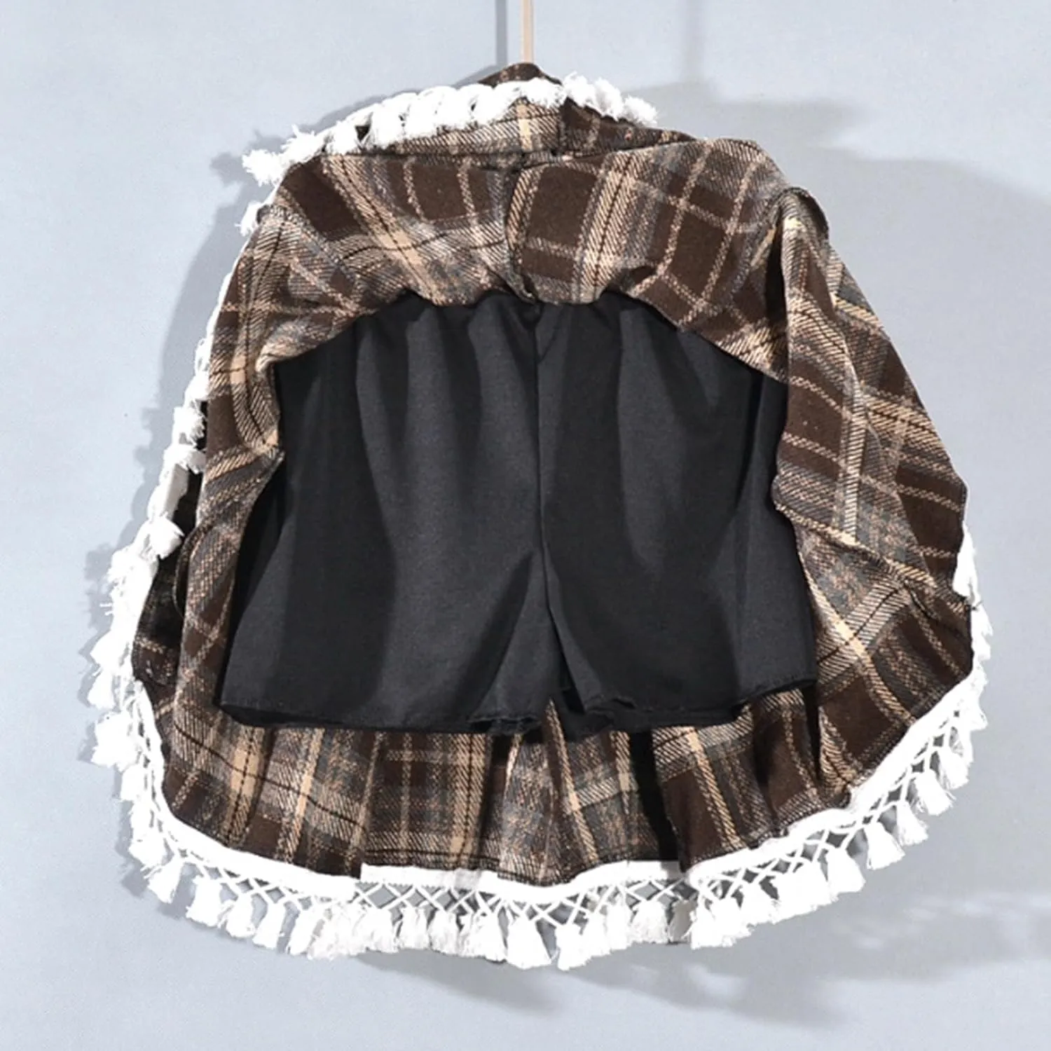 Women's Lace Trim Plaid Skirt Vintage Wool Blend Tiered Elastic Waist A-Line Skirts Casual Ruffle Swing Mini Skirts