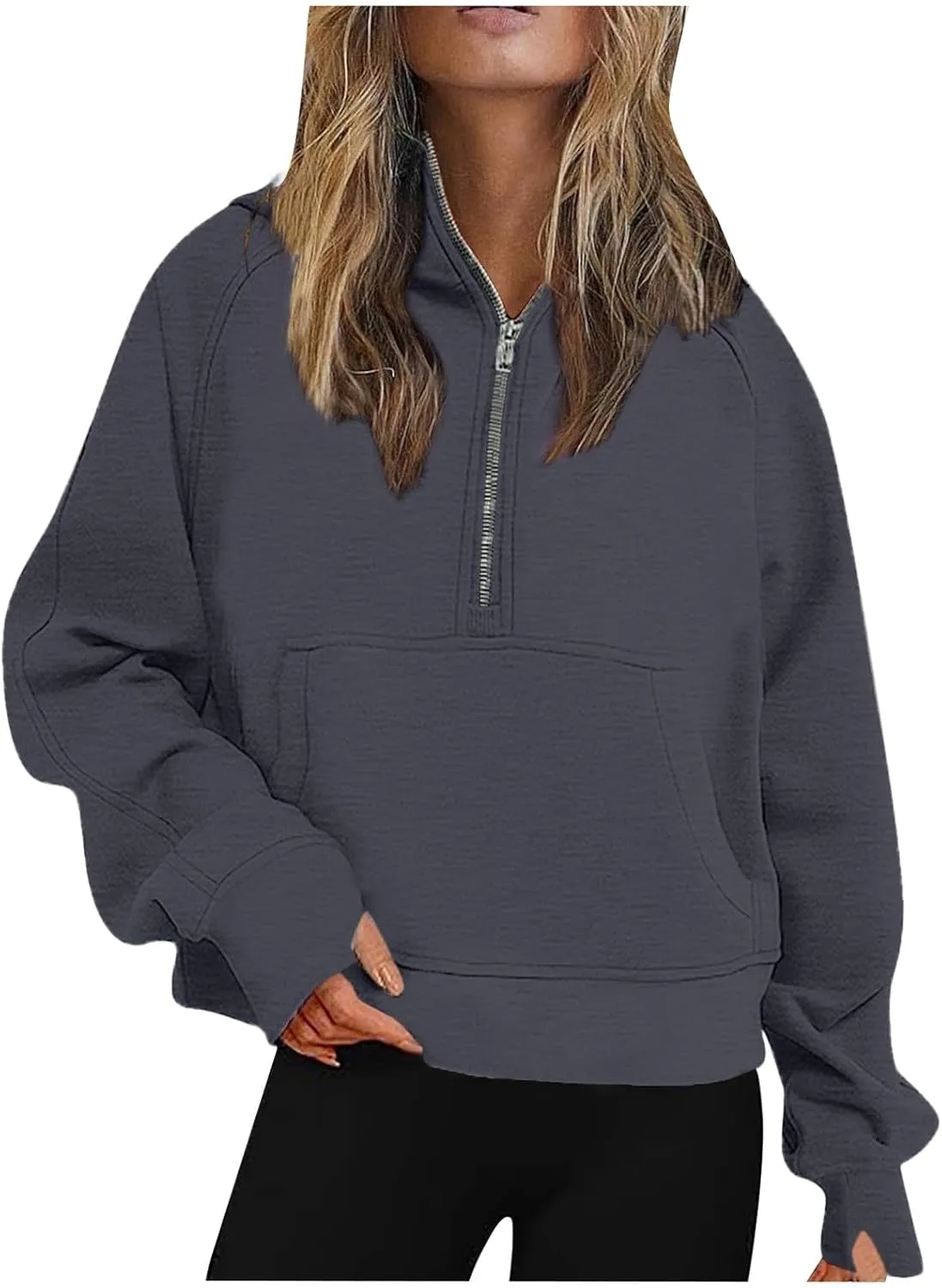 Womens Lightweight Sweatshirts Casual Half Zipper Hoodies Fashion Elegant Solid Long Sleeve Pocket Sport Pullover Tops