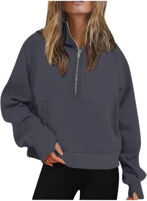 Womens Lightweight Sweatshirts Casual Half Zipper Hoodies Fashion Elegant Solid Long Sleeve Pocket Sport Pullover Tops