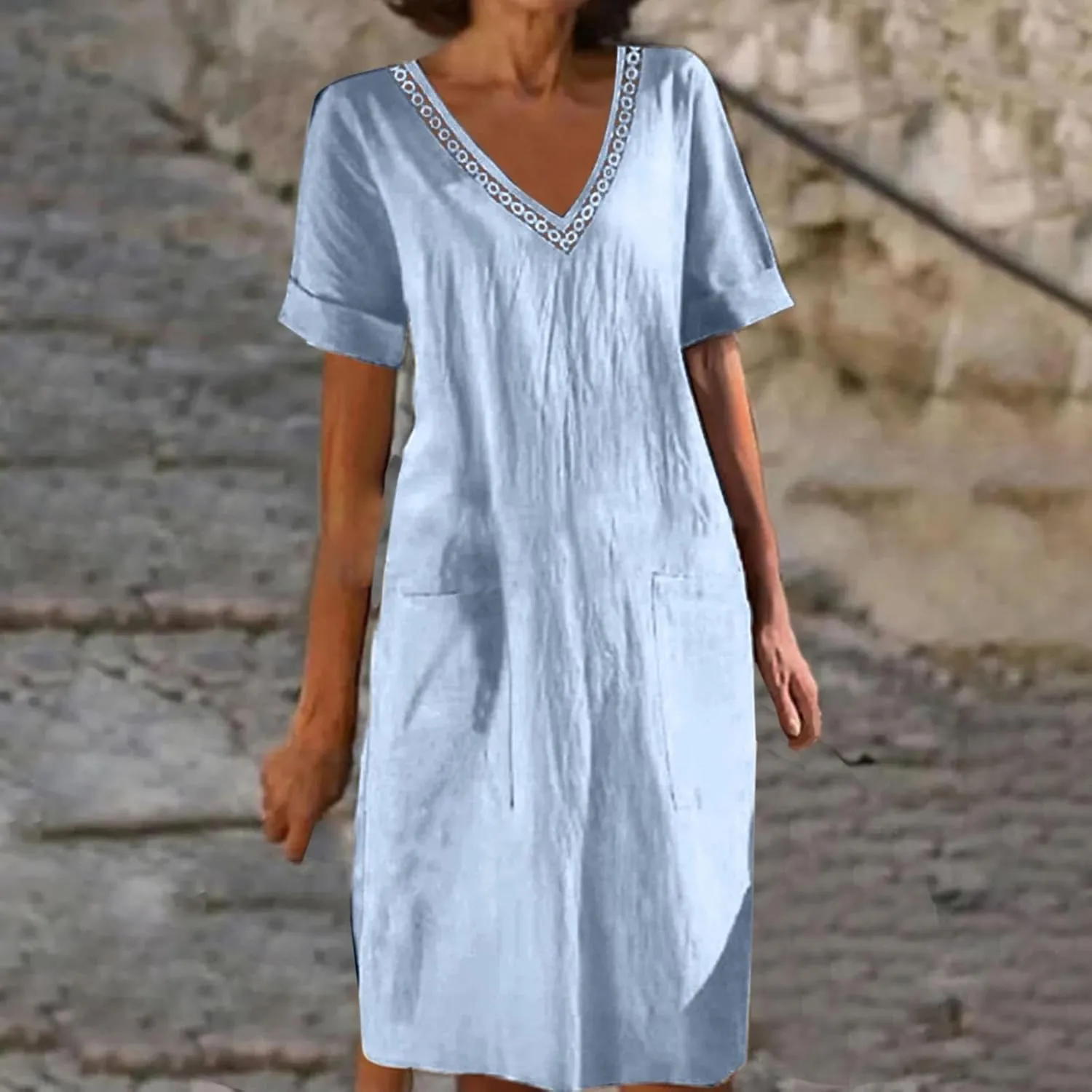 Womens Linen Dress Short Sleeve V-Neck T Shirts Dresses Casual Loose Solid Color Lace Mini Dress Boho Travel Dresses