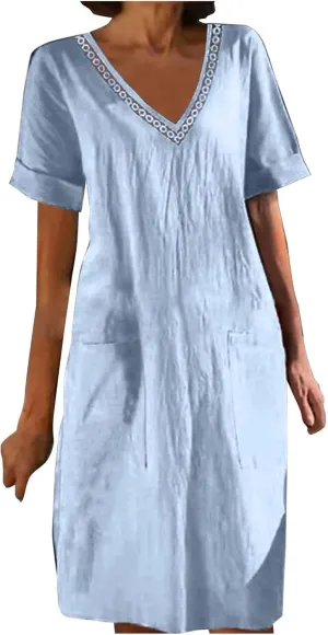 Womens Linen Dress Short Sleeve V-Neck T Shirts Dresses Casual Loose Solid Color Lace Mini Dress Boho Travel Dresses