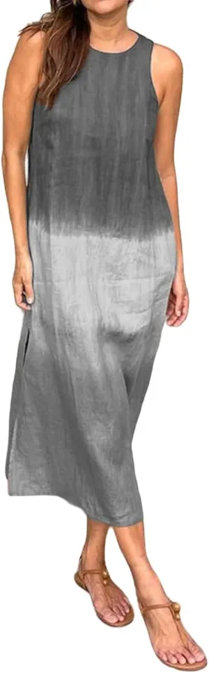 Women's Linen Sleeveless Crew Neck Tank Slit Maxi Dress Casual Gradient Lounge Beach Vacation Trendy Fashion Dresses