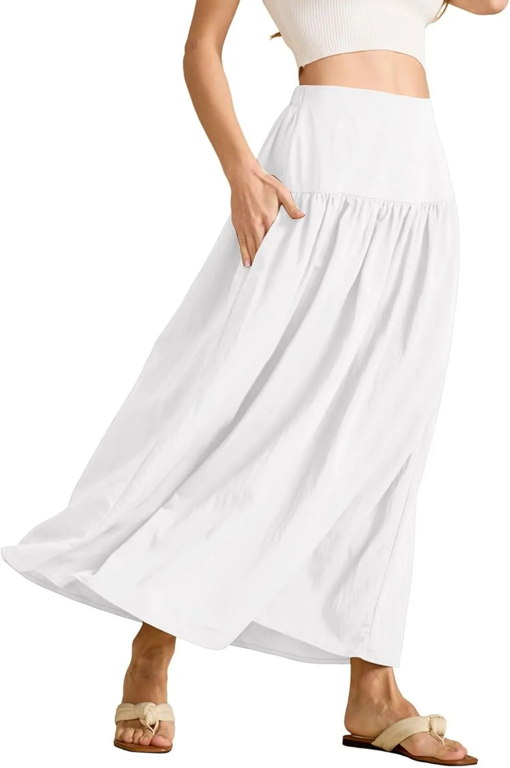 Women's Long Elastic High Waist Retro Pleated A-Line Flared Maxi Skirts
