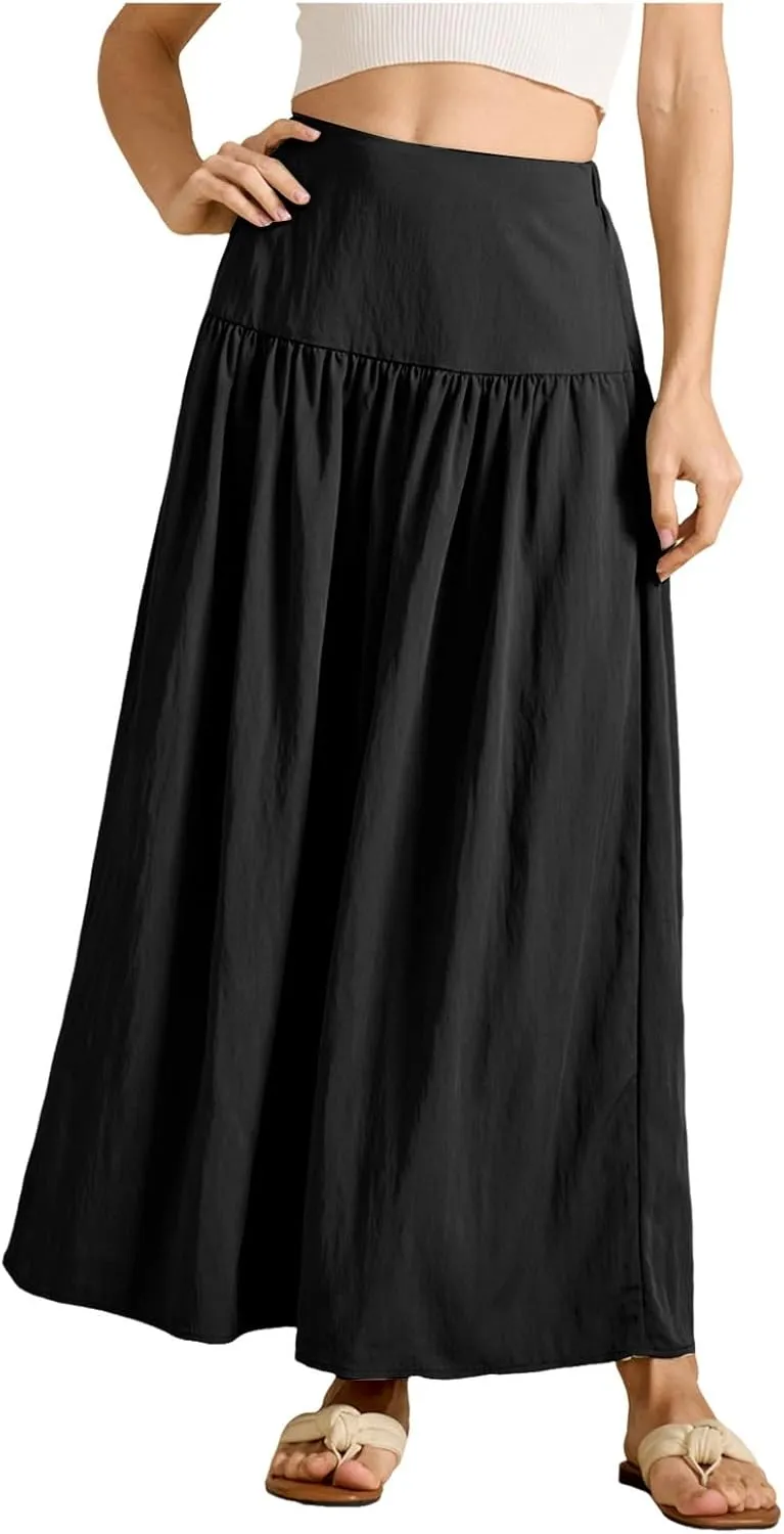 Women's Long Elastic High Waist Retro Pleated A-Line Flared Maxi Skirts