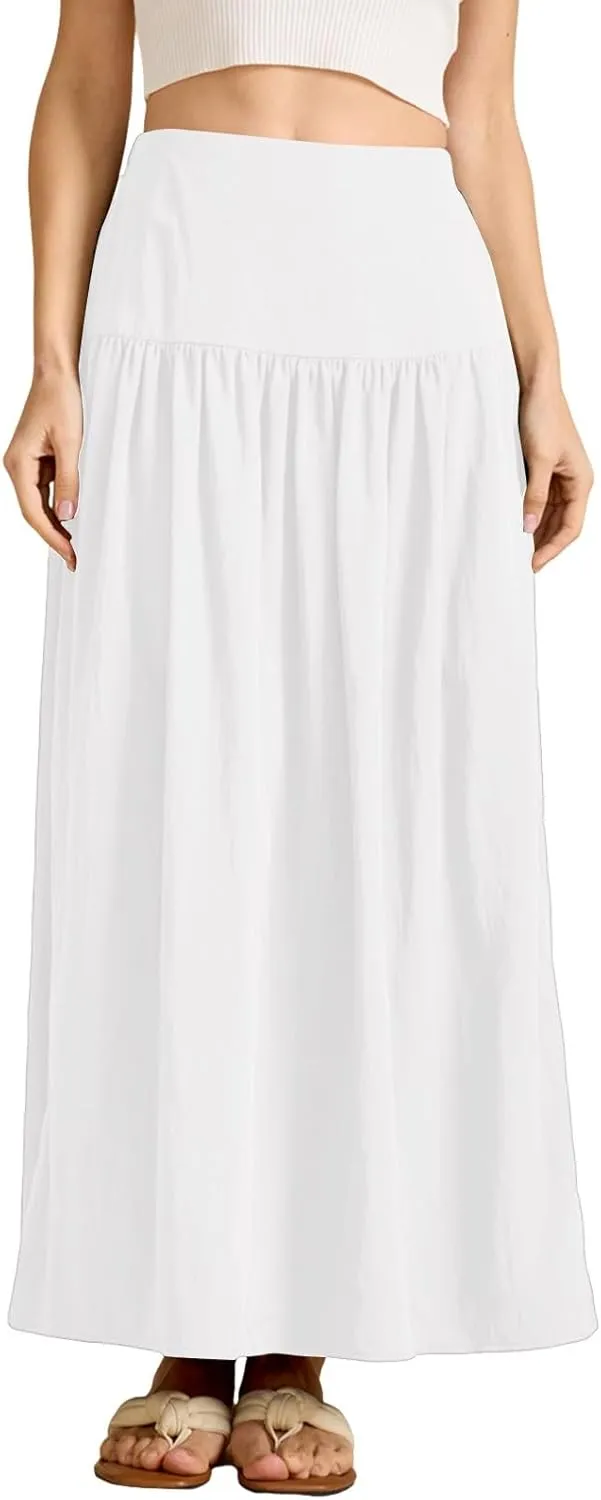 Women's Long Elastic High Waist Retro Pleated A-Line Flared Maxi Skirts