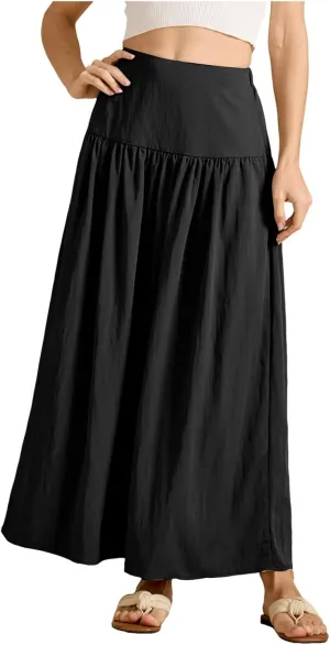 Women's Long Elastic High Waist Retro Pleated A-Line Flared Maxi Skirts