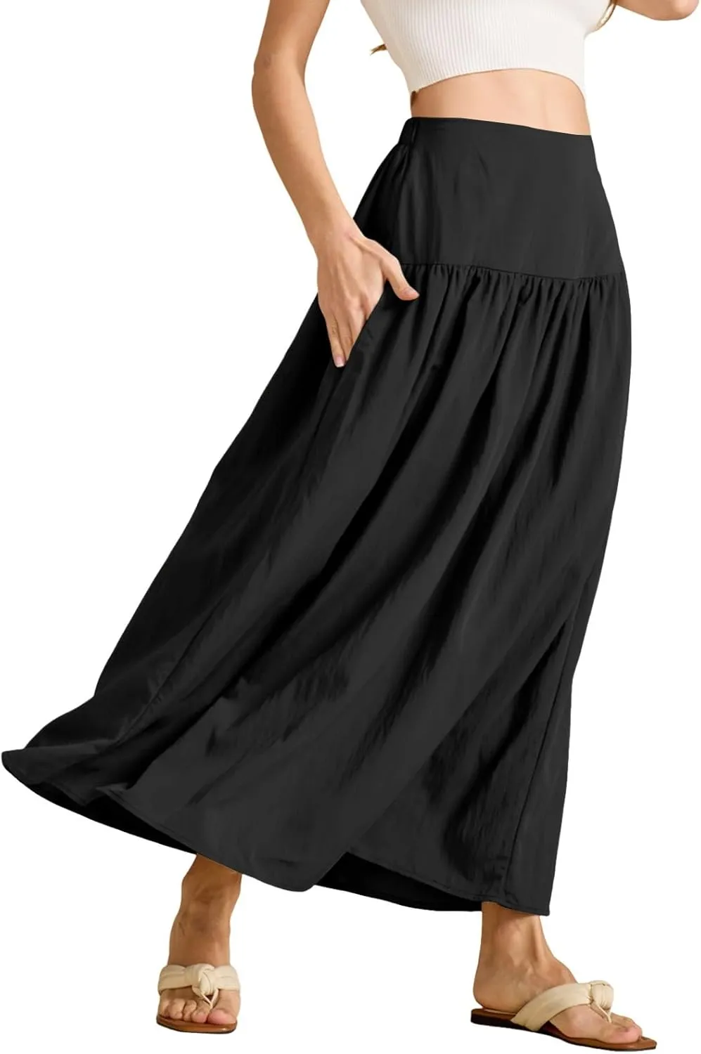 Women's Long Elastic High Waist Retro Pleated A-Line Flared Maxi Skirts