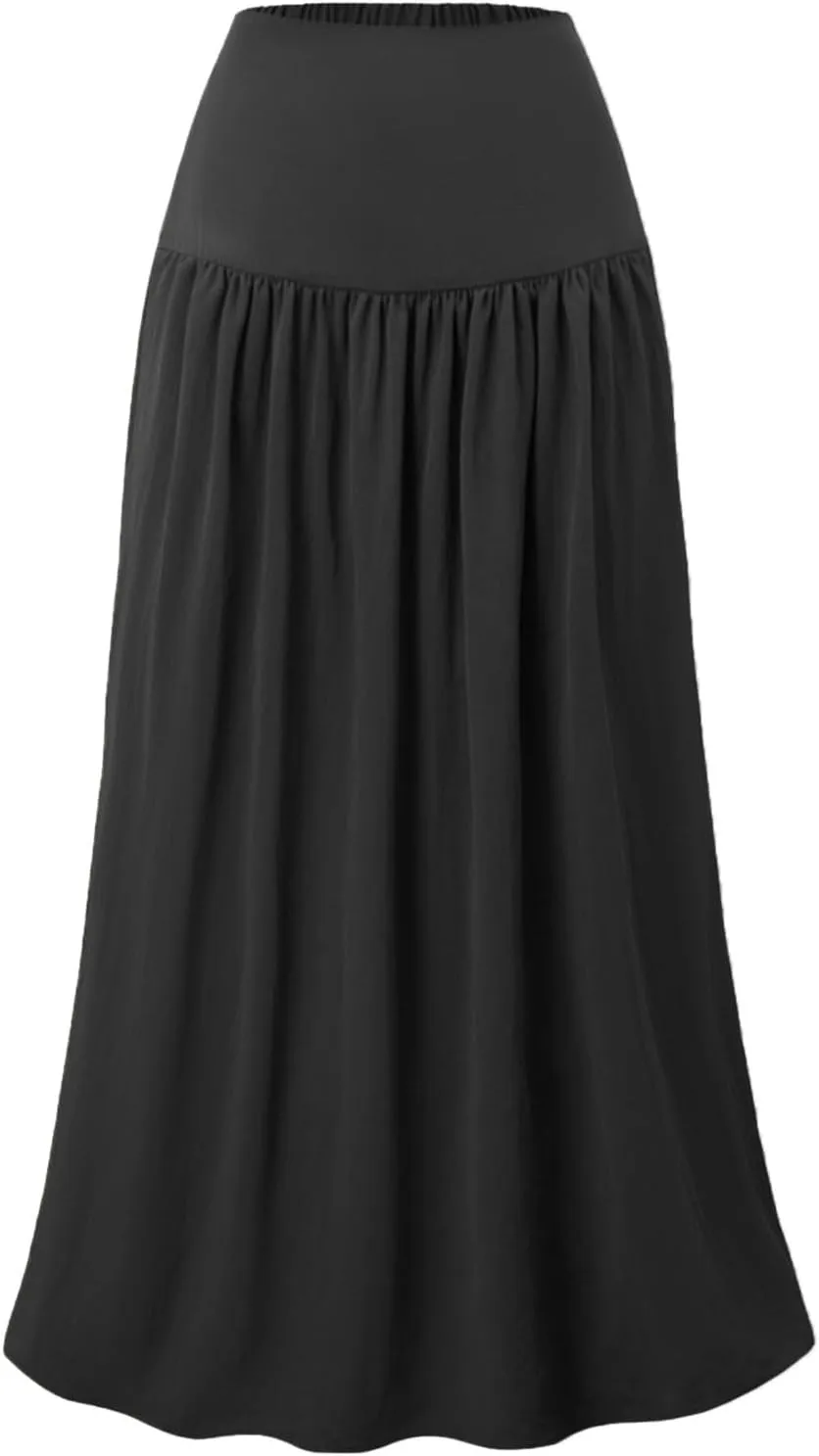 Women's Long Elastic High Waist Retro Pleated A-Line Flared Maxi Skirts