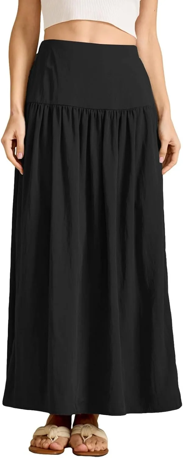 Women's Long Elastic High Waist Retro Pleated A-Line Flared Maxi Skirts