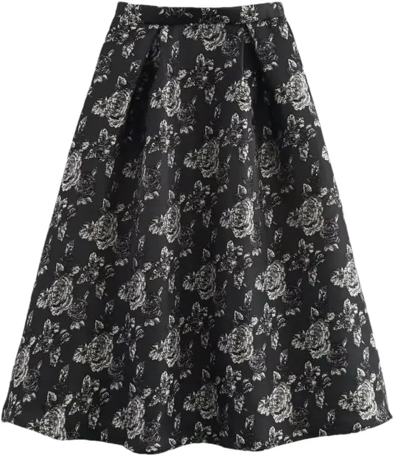 Womens Long Skirts A-Line Floral Embroidery Elegant High Waisted Comfortable Long Skirts
