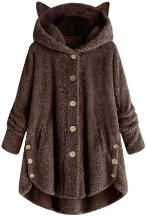 Women's Long Sleeve Hoodies Coat Cat Ear Cap Plush Tops Casual Loose Plus Size Button Stitching Pullover Sweaters