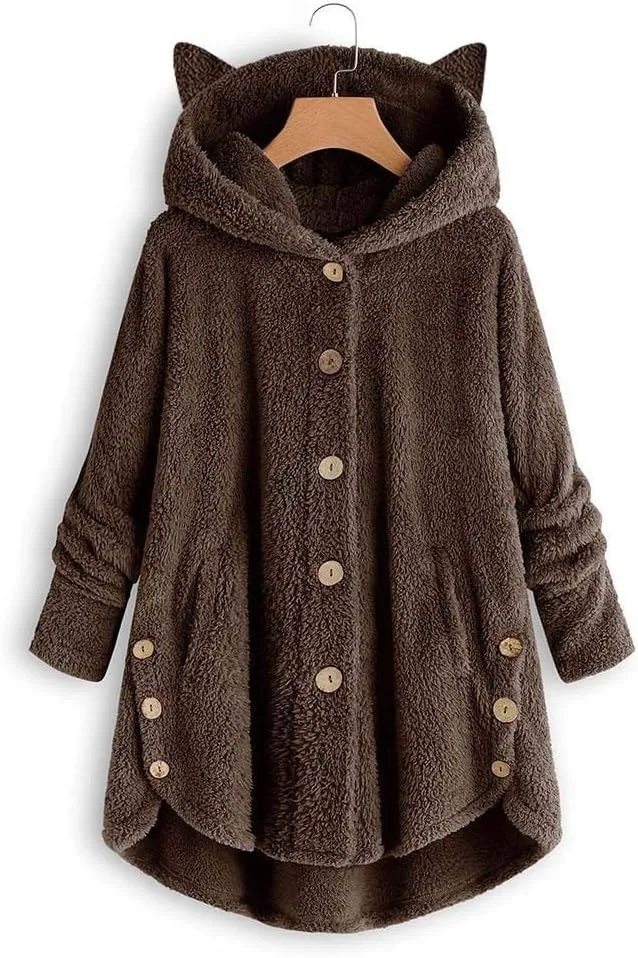Women's Long Sleeve Hoodies Coat Cat Ear Cap Plush Tops Casual Loose Plus Size Button Stitching Pullover Sweaters