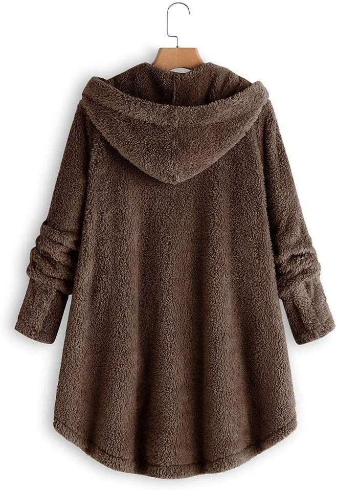 Women's Long Sleeve Hoodies Coat Cat Ear Cap Plush Tops Casual Loose Plus Size Button Stitching Pullover Sweaters