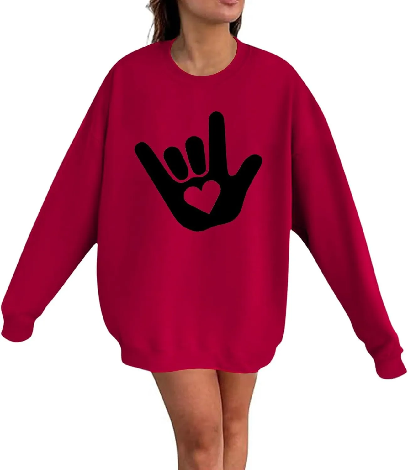 Women's Love Heart Sweatshirt Casual Love Heart Graphic Shirt Round Neck Pullover Cute Tops Long Sleeve Hoodie