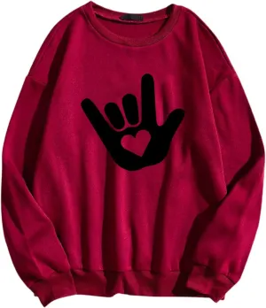 Women's Love Heart Sweatshirt Casual Love Heart Graphic Shirt Round Neck Pullover Cute Tops Long Sleeve Hoodie
