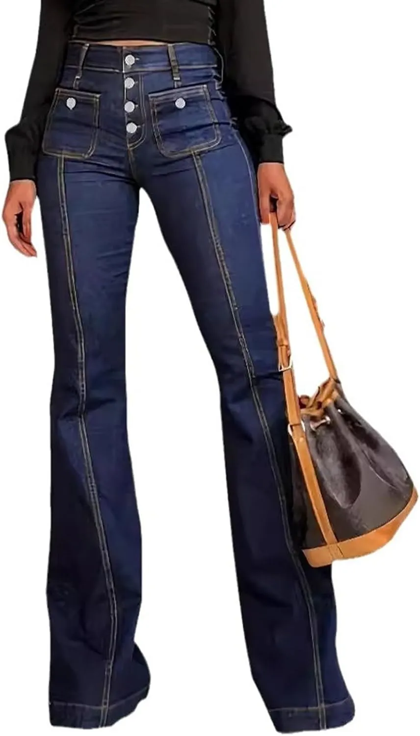 Women's Luscious Curvy Bootcut Jeans Mid-Rise Stretch Juniors Jeans Mid Waisted Flared Leg Loose Stretchy Pants