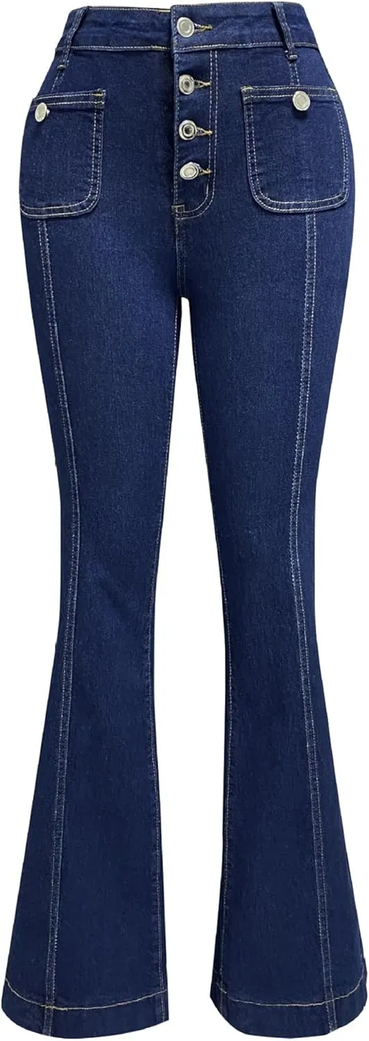 Women's Luscious Curvy Bootcut Jeans Mid-Rise Stretch Juniors Jeans Mid Waisted Flared Leg Loose Stretchy Pants