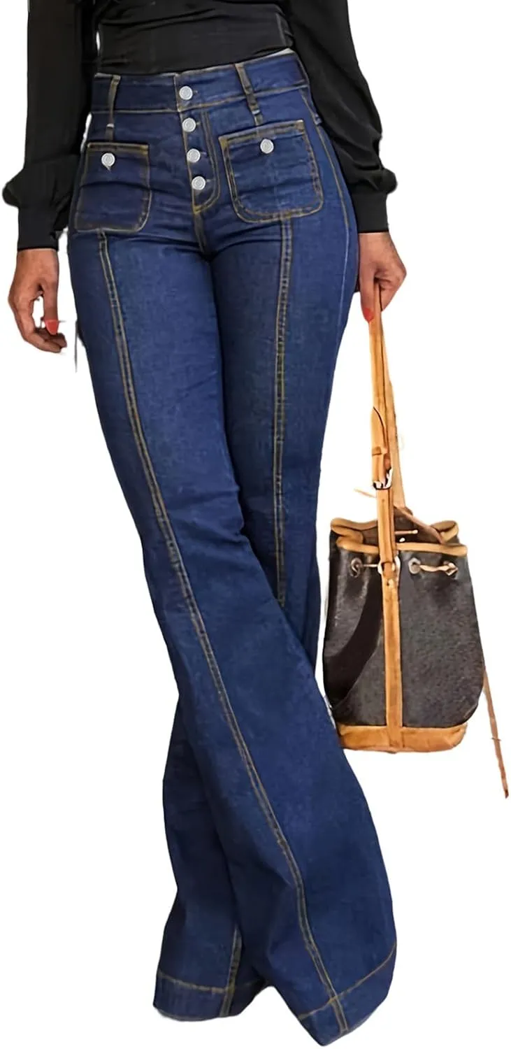 Women's Luscious Curvy Bootcut Jeans Mid-Rise Stretch Juniors Jeans Mid Waisted Flared Leg Loose Stretchy Pants