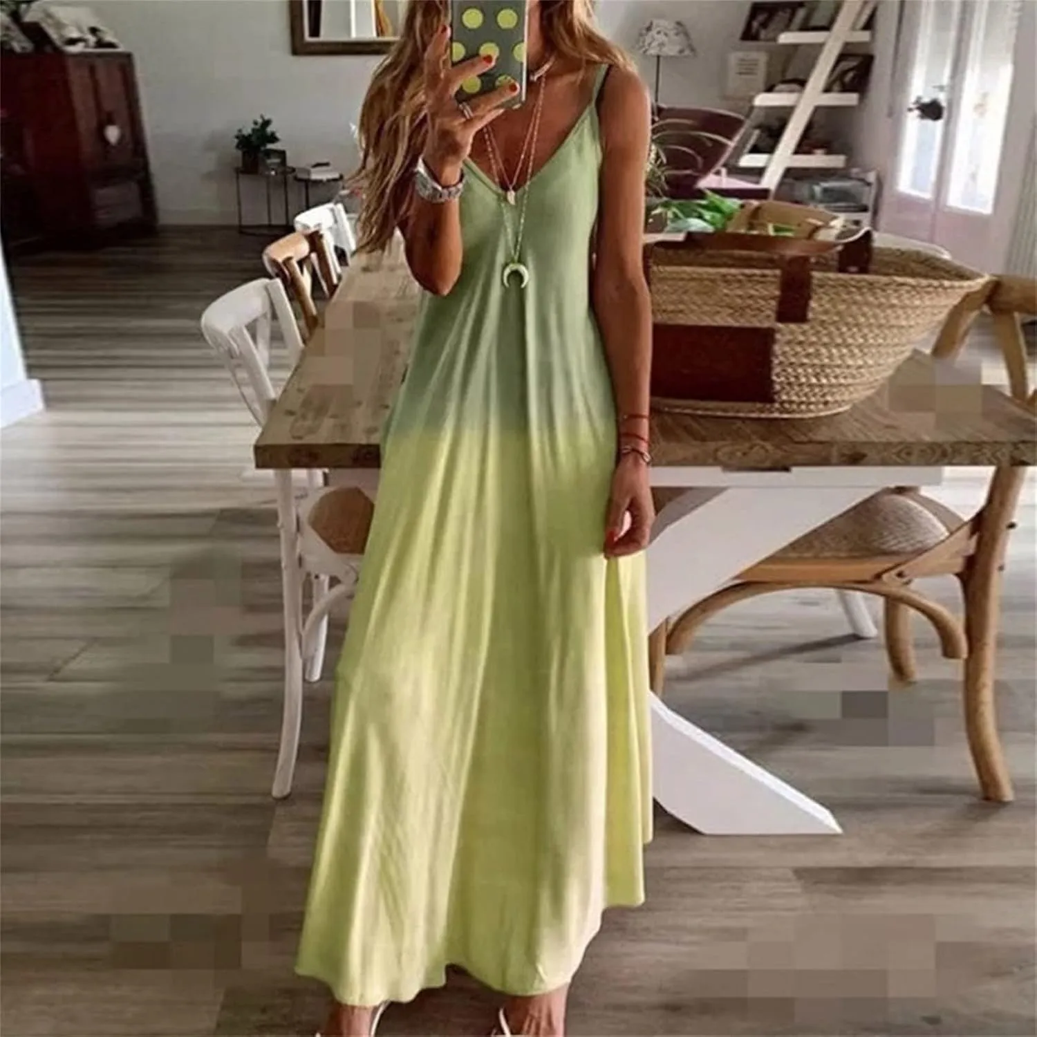 Womens Maxi Long Dress Spaghetti Straps Summer Casual V Neck Beach Sleeveless Sundress Tie Dye Floral Print Tank Dress