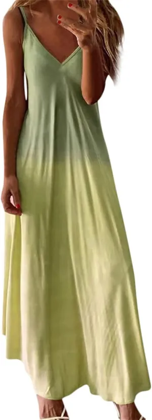 Womens Maxi Long Dress Spaghetti Straps Summer Casual V Neck Beach Sleeveless Sundress Tie Dye Floral Print Tank Dress
