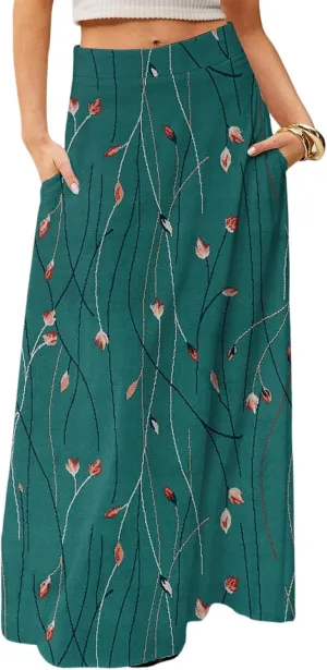 Womens Maxi Skirt Floral Boho Elastic High Waist Flowy A-Line Summer Beach Long Skirts