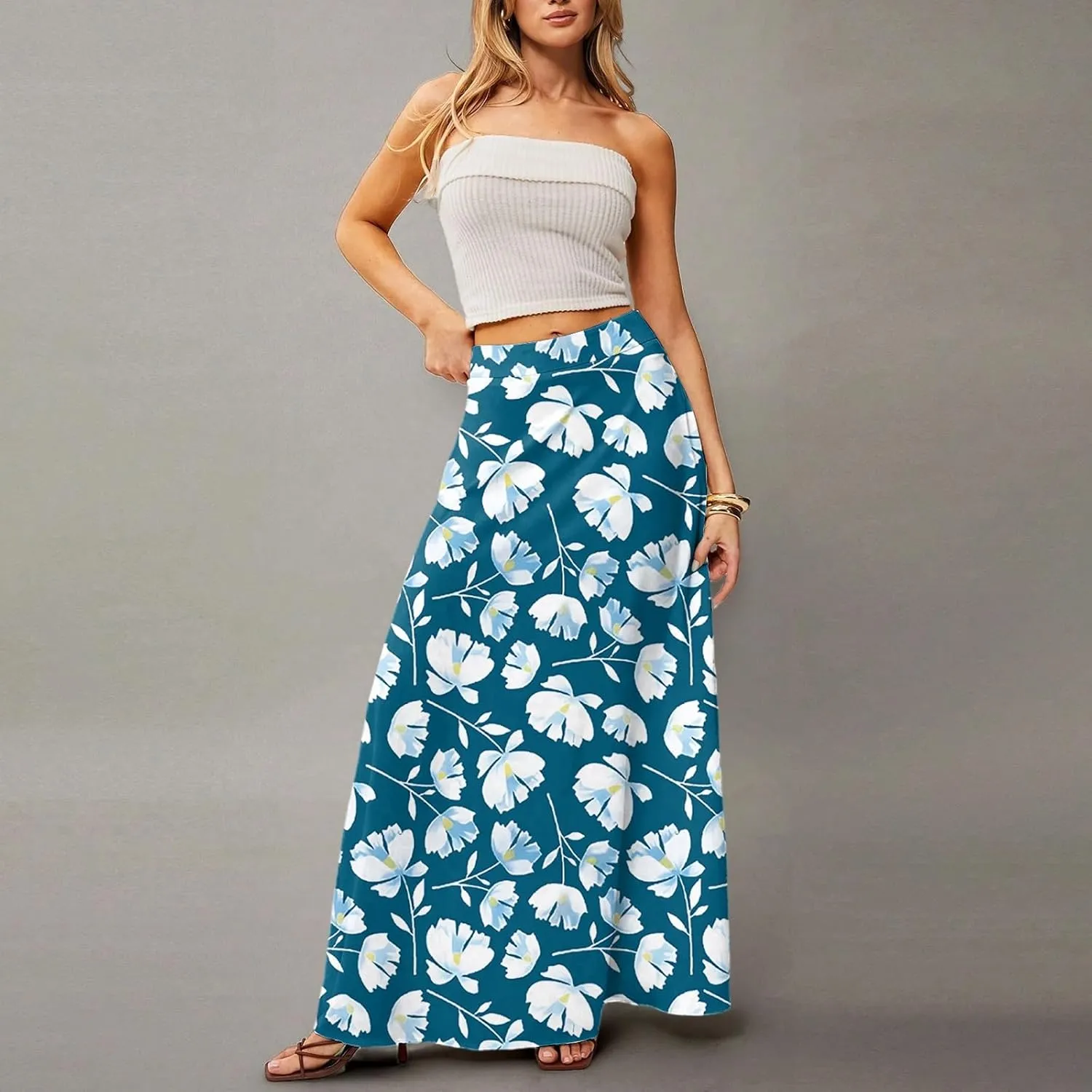Womens Maxi Skirt Floral Boho Elastic High Waist Flowy A-Line Summer Beach Long Skirts