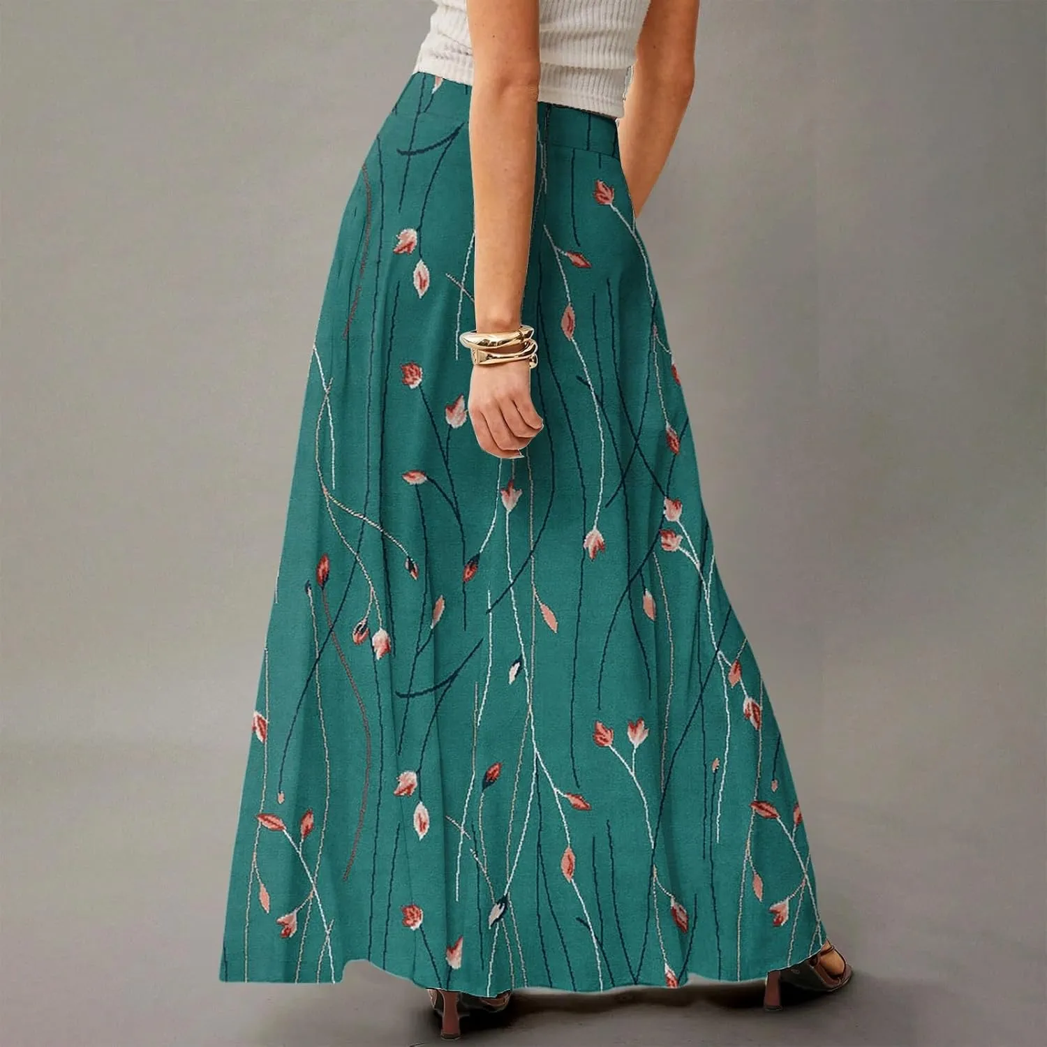 Womens Maxi Skirt Floral Boho Elastic High Waist Flowy A-Line Summer Beach Long Skirts