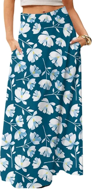 Womens Maxi Skirt Floral Boho Elastic High Waist Flowy A-Line Summer Beach Long Skirts