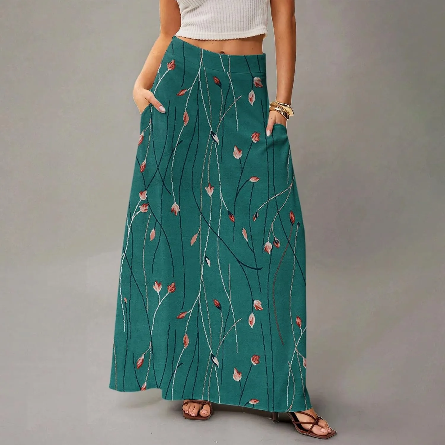 Womens Maxi Skirt Floral Boho Elastic High Waist Flowy A-Line Summer Beach Long Skirts