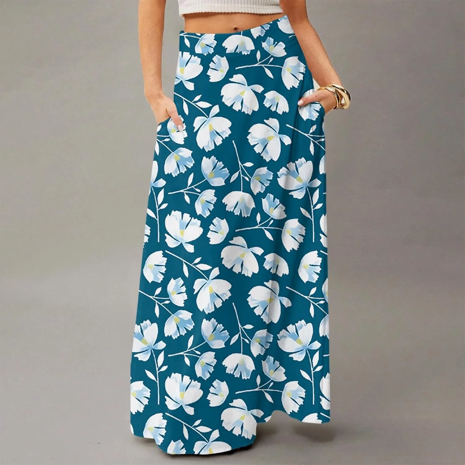 Womens Maxi Skirt Floral Boho Elastic High Waist Flowy A-Line Summer Beach Long Skirts