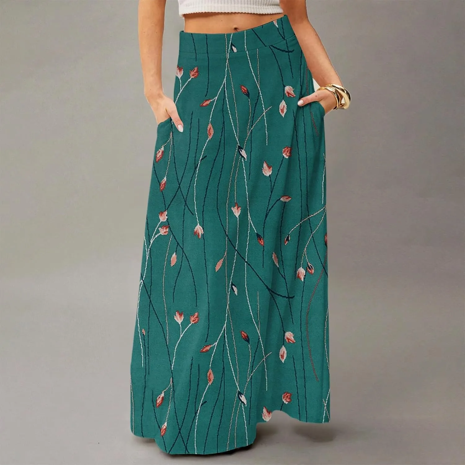 Womens Maxi Skirt Floral Boho Elastic High Waist Flowy A-Line Summer Beach Long Skirts