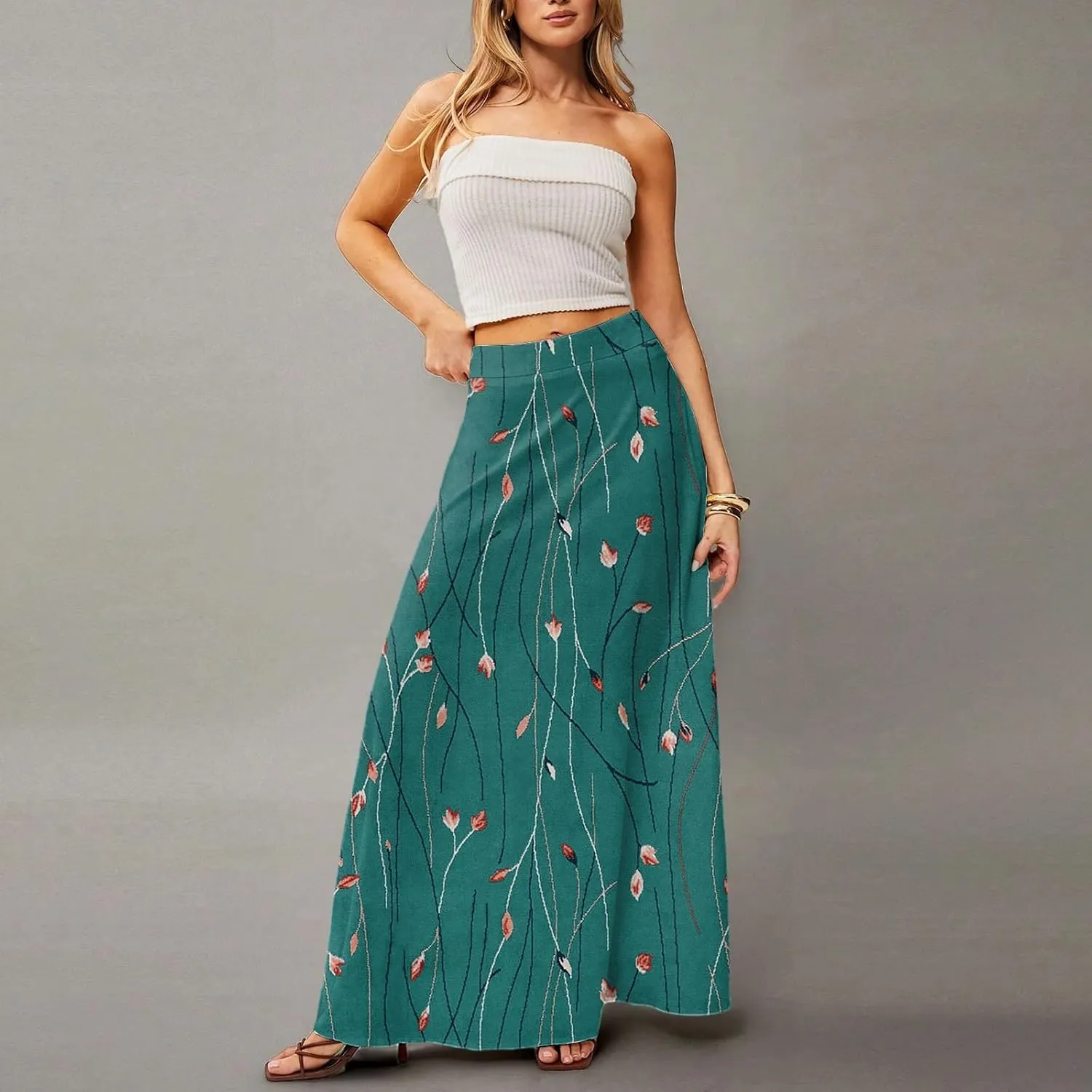 Womens Maxi Skirt Floral Boho Elastic High Waist Flowy A-Line Summer Beach Long Skirts