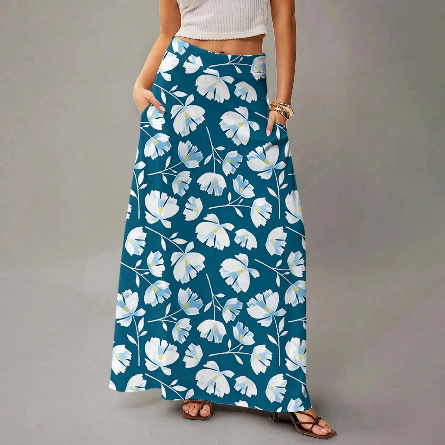 Womens Maxi Skirt Floral Boho Elastic High Waist Flowy A-Line Summer Beach Long Skirts
