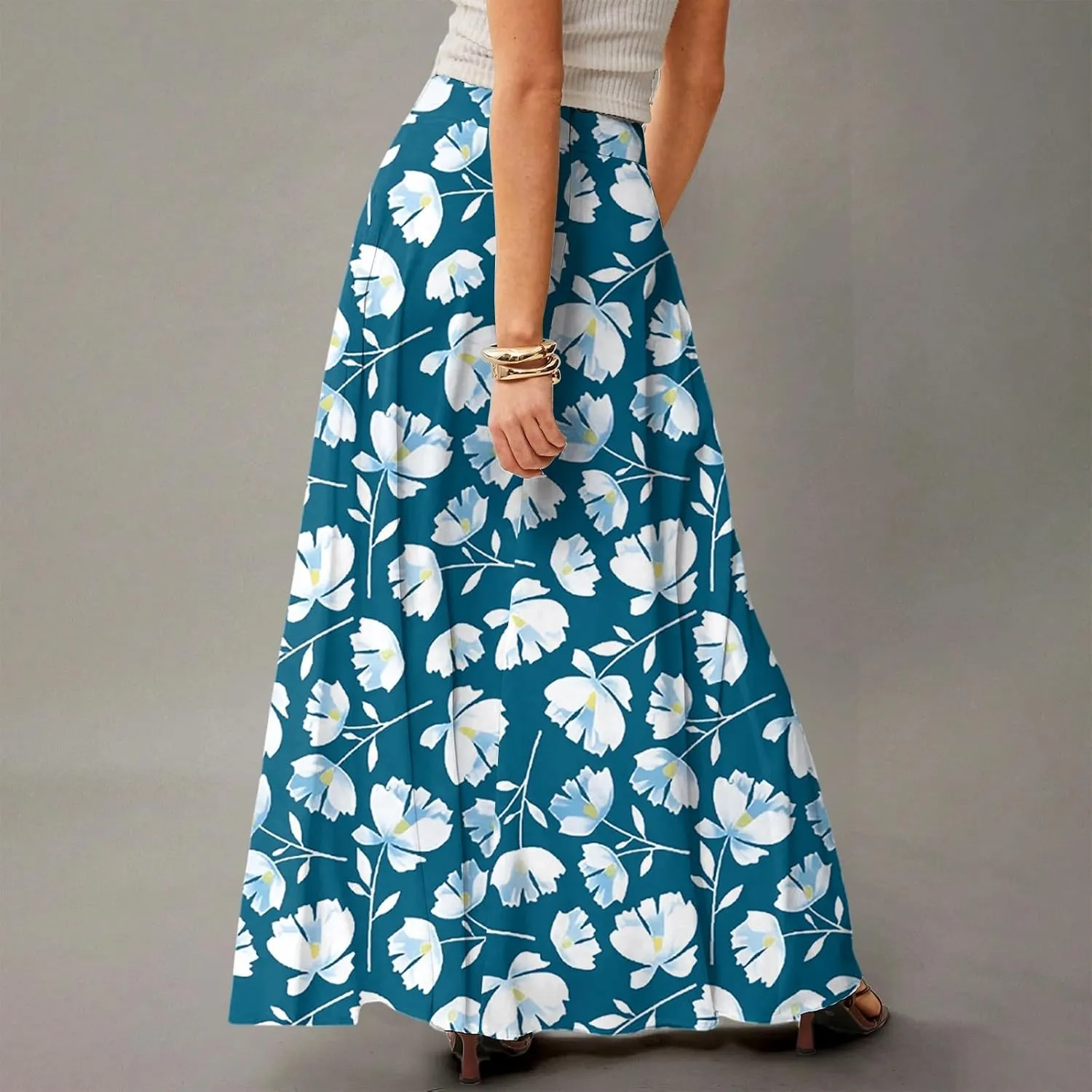 Womens Maxi Skirt Floral Boho Elastic High Waist Flowy A-Line Summer Beach Long Skirts