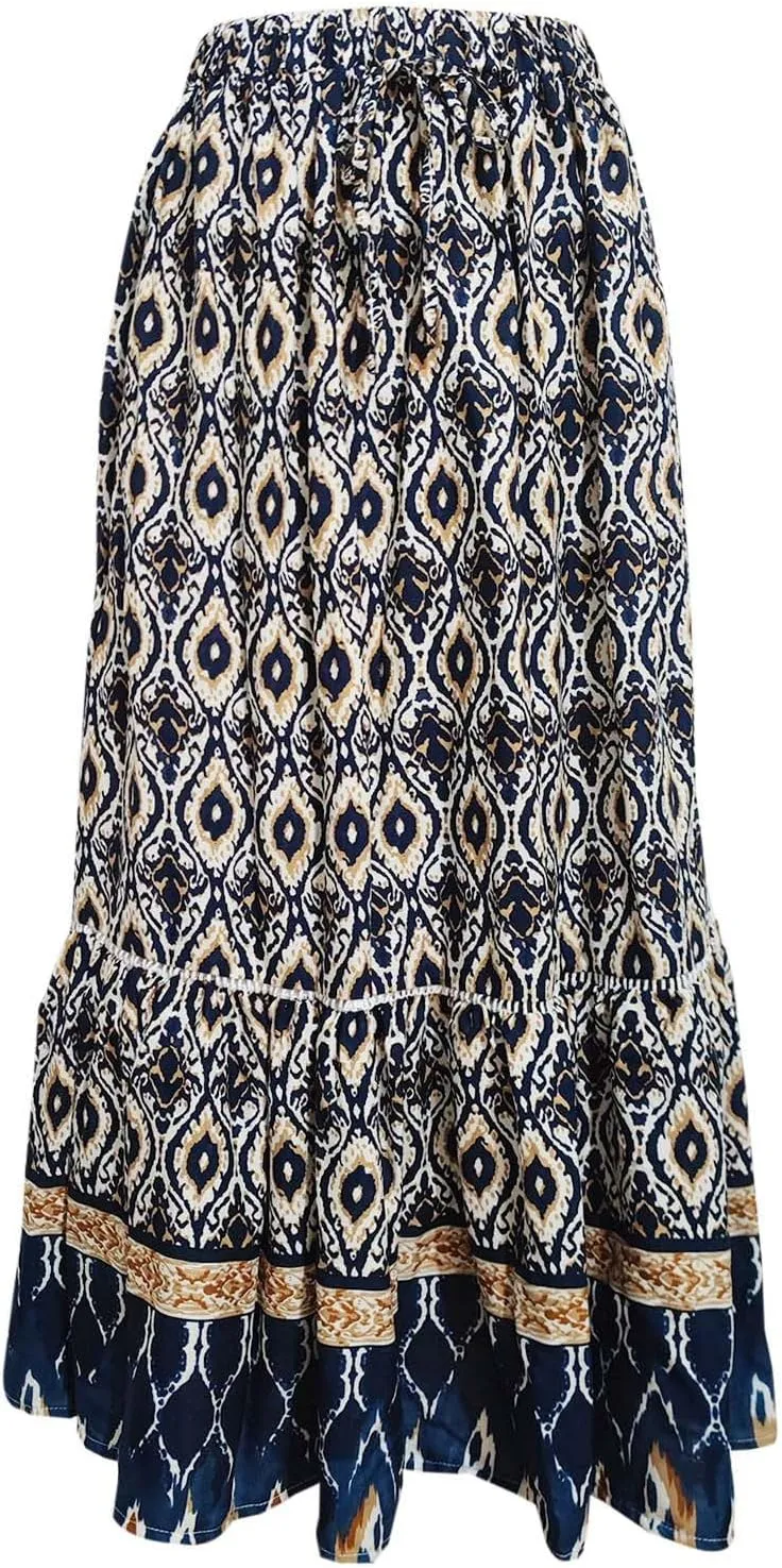 Womens Maxi Skirt for Summer Vacation Casual High Elastic Waist Bohemian Graphic Boha Floral Print Skirt Streetwear