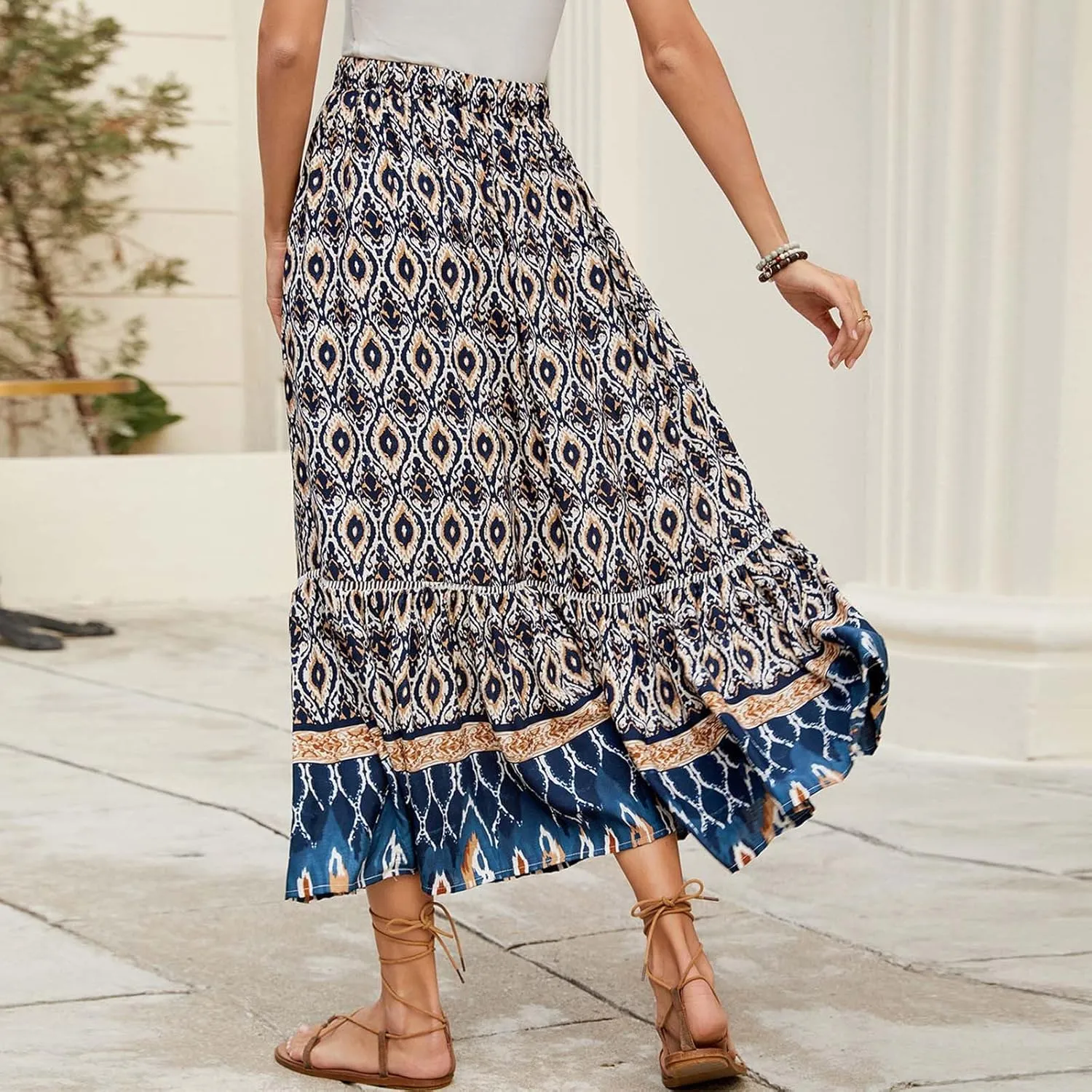 Womens Maxi Skirt for Summer Vacation Casual High Elastic Waist Bohemian Graphic Boha Floral Print Skirt Streetwear