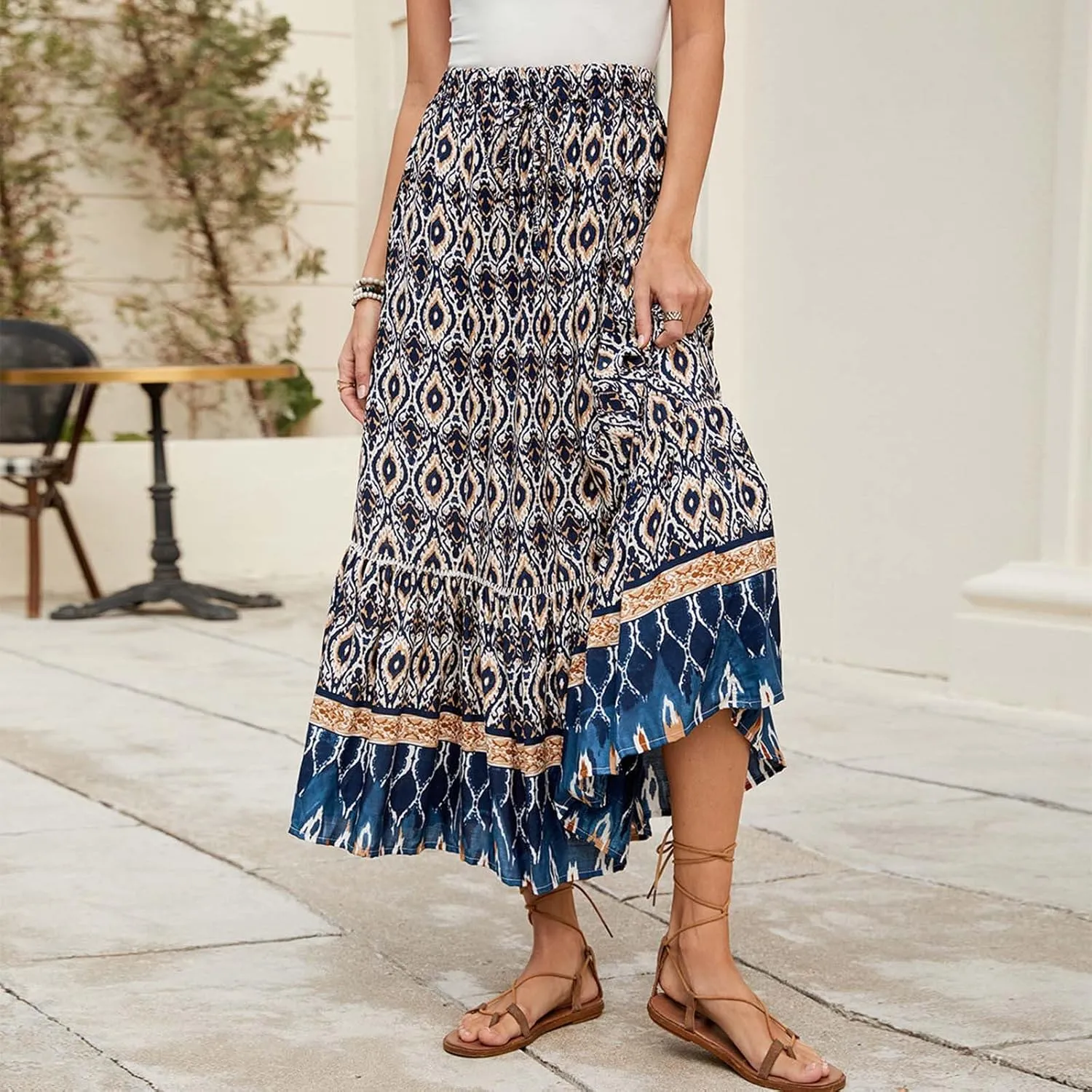 Womens Maxi Skirt for Summer Vacation Casual High Elastic Waist Bohemian Graphic Boha Floral Print Skirt Streetwear