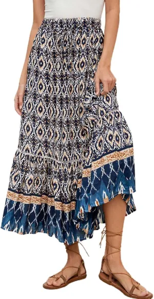 Womens Maxi Skirt for Summer Vacation Casual High Elastic Waist Bohemian Graphic Boha Floral Print Skirt Streetwear