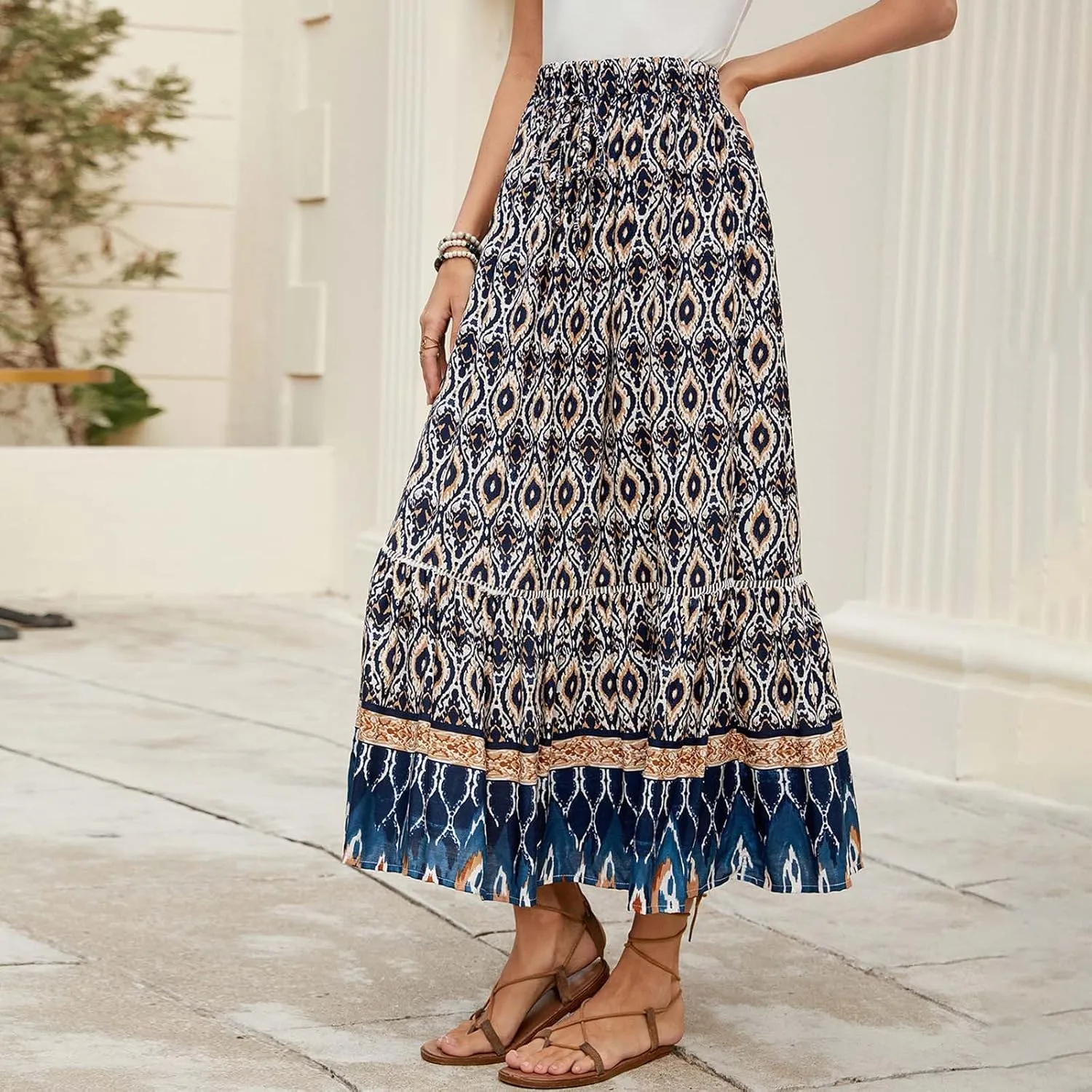 Womens Maxi Skirt for Summer Vacation Casual High Elastic Waist Bohemian Graphic Boha Floral Print Skirt Streetwear