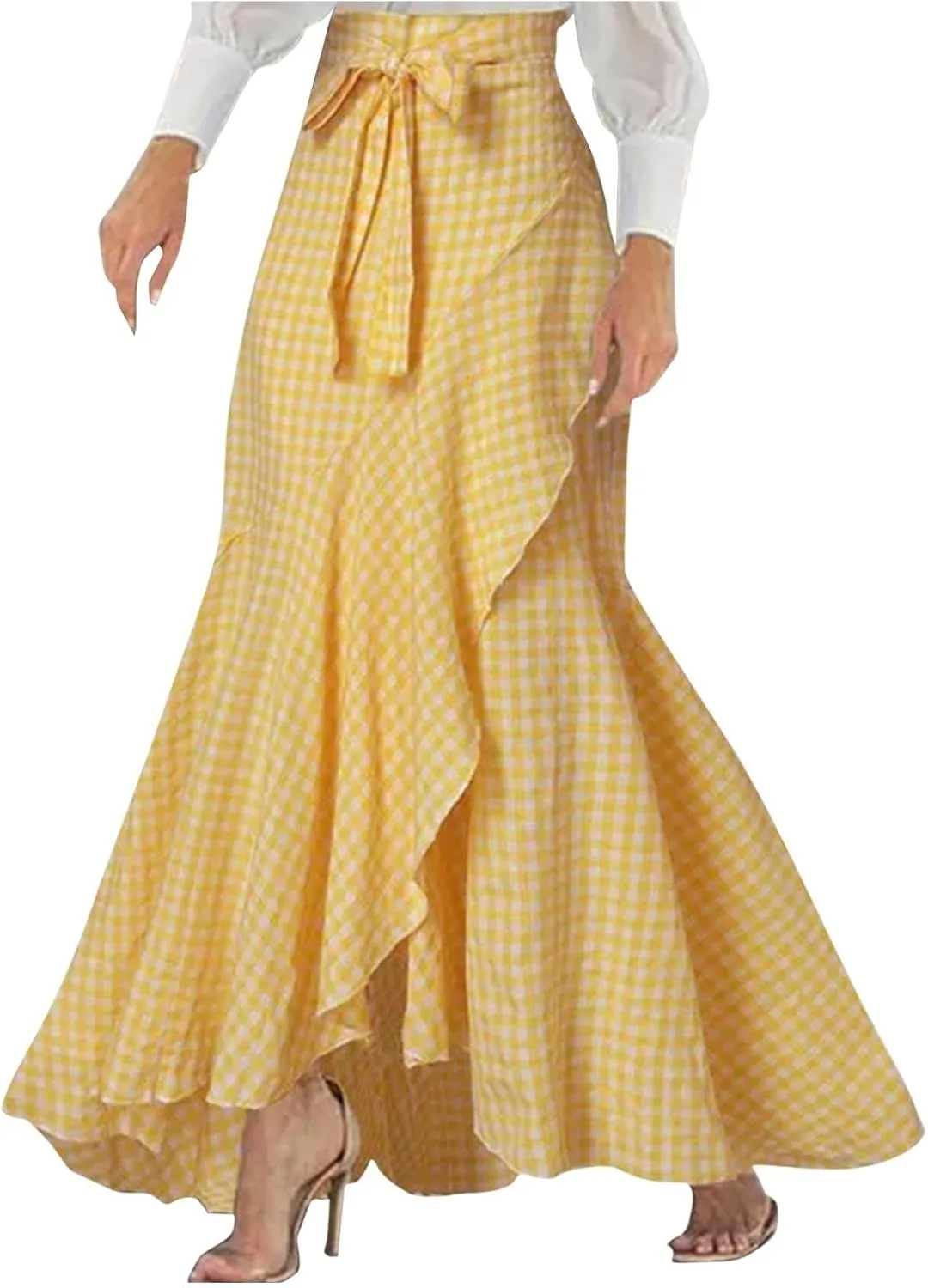 Women's Mermaid Maxi Skirt Summer Fashion Tie Waist Irregular Ruffle Hem Beach Skirts Casual Wrap Party Long Skorts
