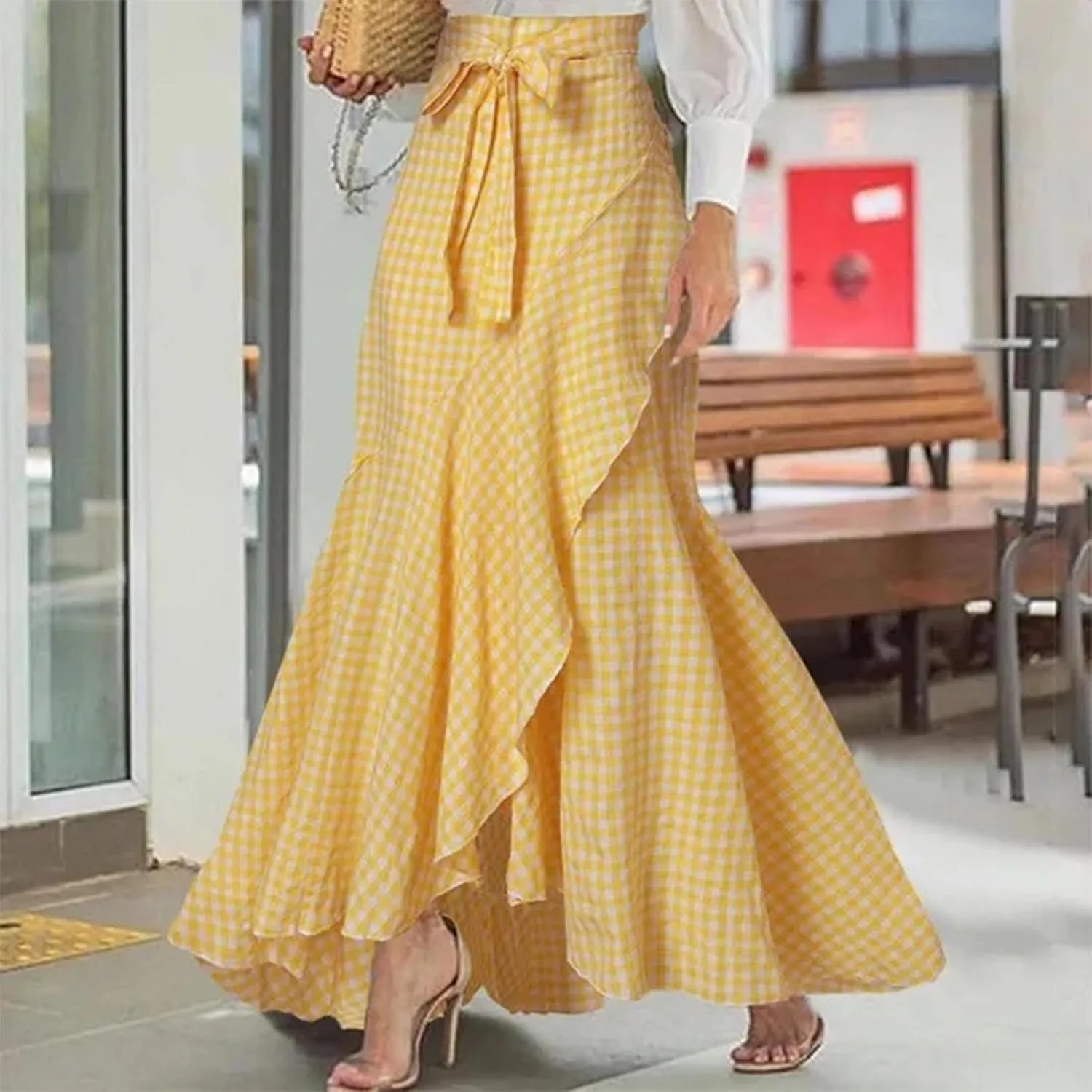 Women's Mermaid Maxi Skirt Summer Fashion Tie Waist Irregular Ruffle Hem Beach Skirts Casual Wrap Party Long Skorts
