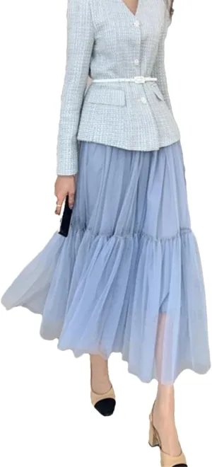 Women's Mesh A-Line Tiered Skirt Spring Summer Elastic High Waist Long Tulle Skirt