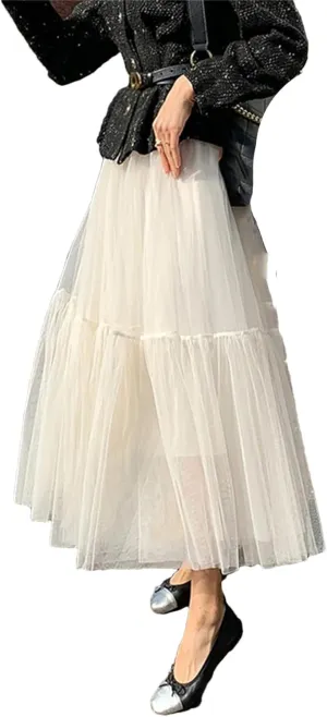 Women's Mesh A-Line Tiered Skirt Spring Summer Elastic High Waist Long Tulle Skirt