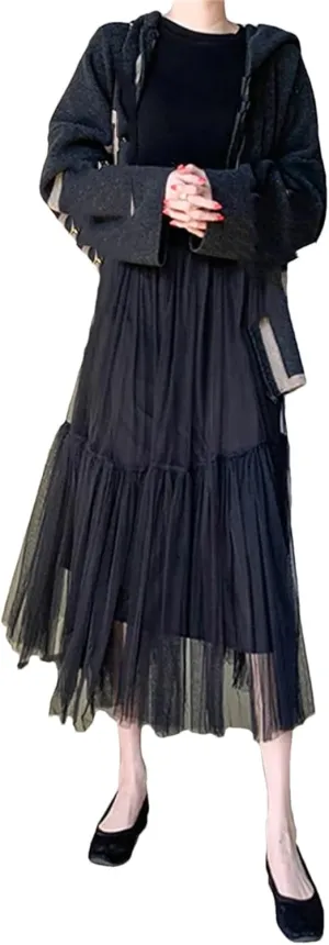 Women's Mesh A-Line Tiered Skirt Spring Summer Elastic High Waist Long Tulle Skirt