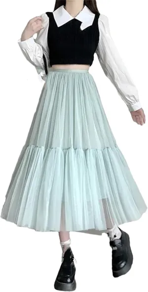 Women's Mesh A-Line Tiered Skirt Spring Summer Elastic High Waist Long Tulle Skirt