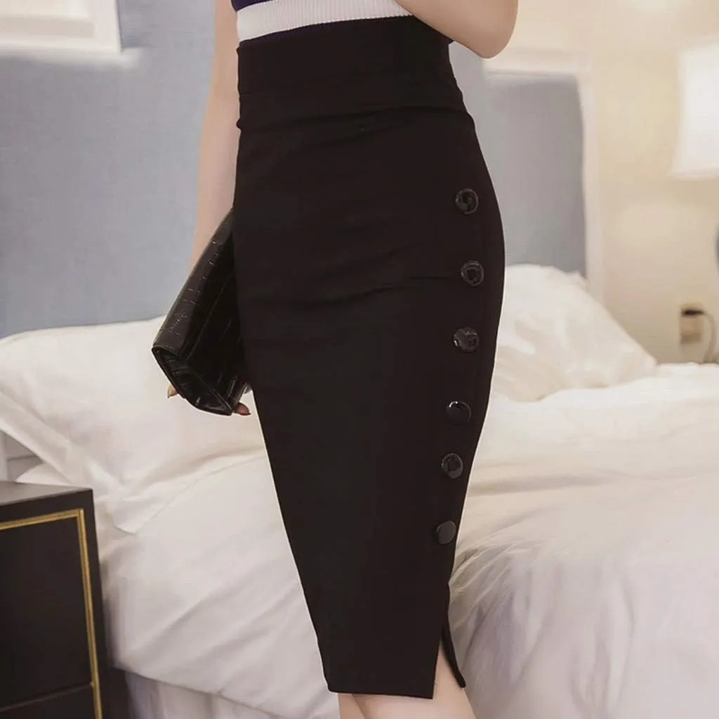 Womens Midi Pencil Skirts 2024 Fashion Long Elastic High Waist Side Button Slit Hem Bodycon Wrap Skirt for Party