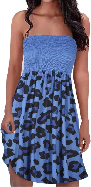 Women's Off Shoulder Dress Fashion Floral Print Pleated Short Dress Summer Beach Holiday Dress Boho Dress