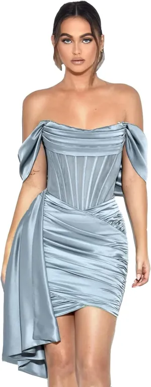 Women's Off Shoulder Satin Mini Dress Ruched Short Cocktail Evening Party Gowns