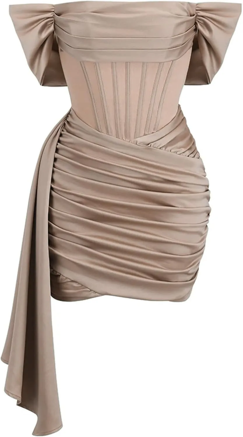 Women's Off Shoulder Satin Mini Dress Ruched Short Cocktail Evening Party Gowns
